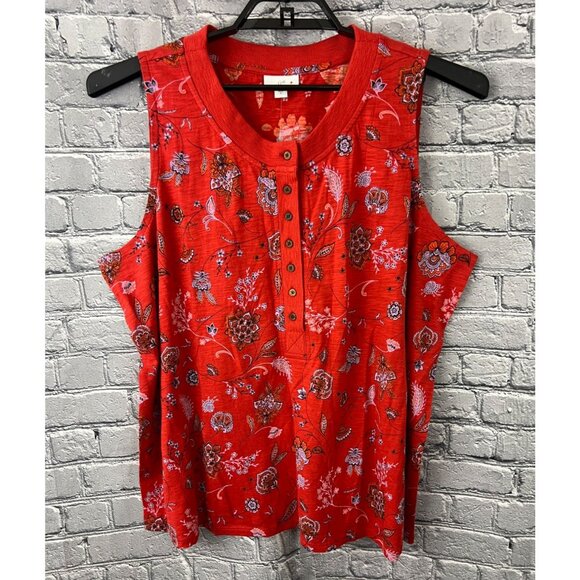 J. Jill Tops - J. Jill Red Floral Sleeveless Henley Top Women 2X  Button Front Casual